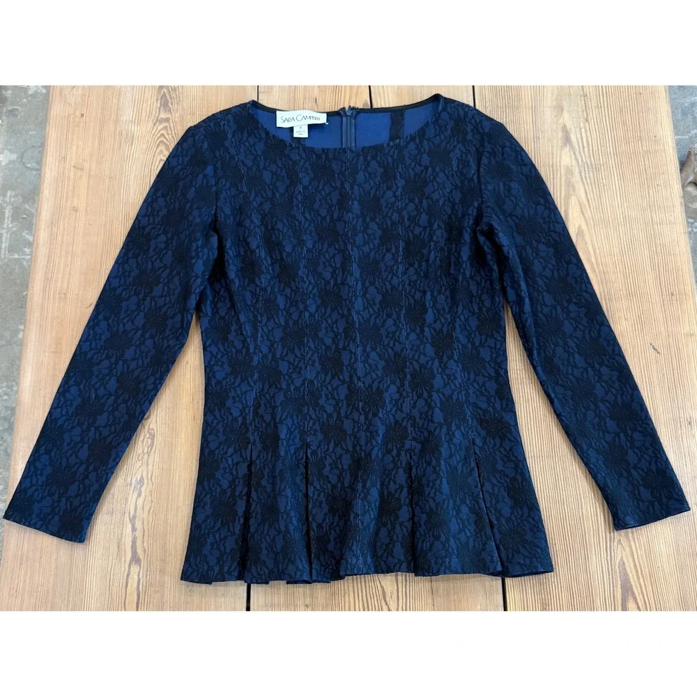 Sara Campbell Navy Blue Lace 2 Piece Peplum Top and Pants Set Womens Size M